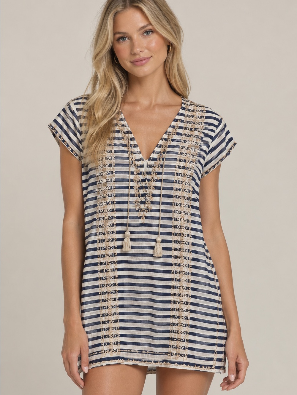 Calypso Striped Navy and Cream Swim Cover-Up Tunic